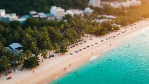 Widok na plażę Patong Beach w Phuket o zachodzie słońca z palmami i turkusową wodą