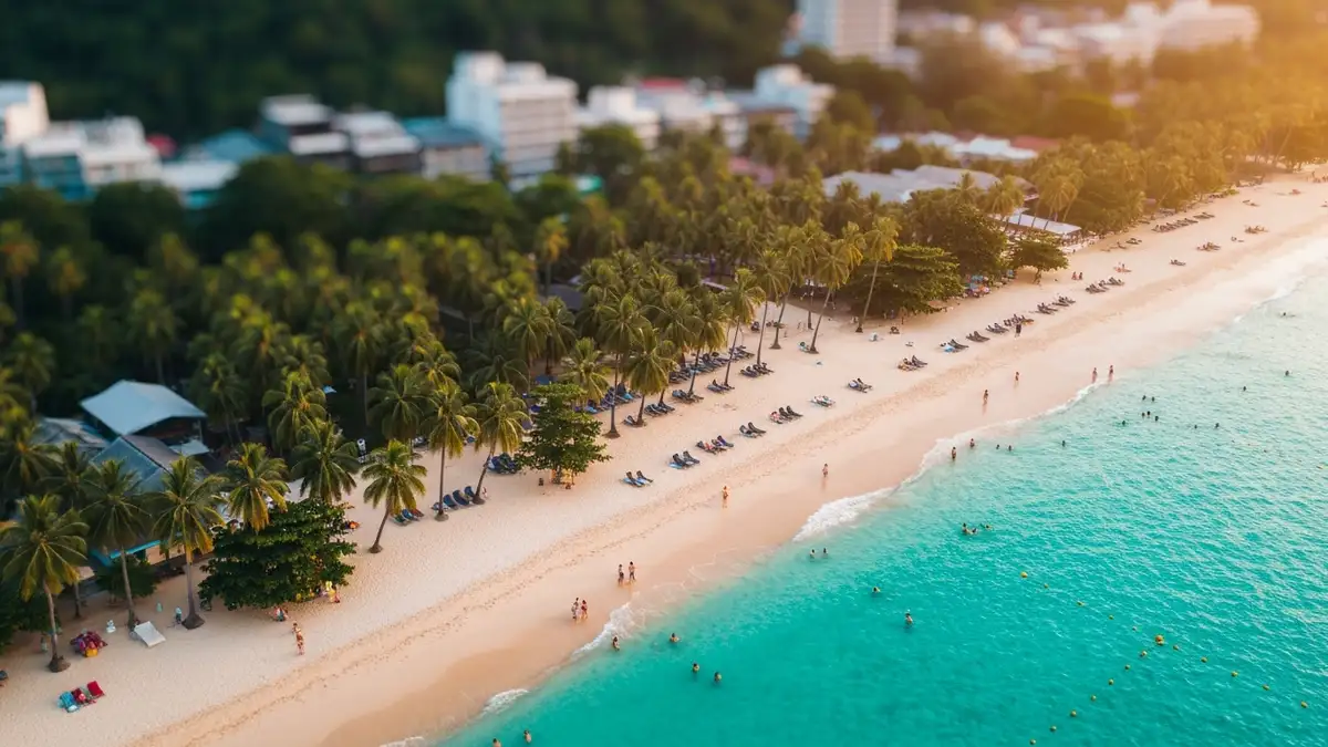 Widok na plażę Patong Beach w Phuket o zachodzie słońca z palmami i turkusową wodą
