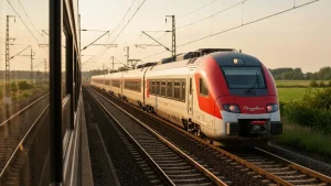 Nowoczesny pociąg Pendolino PKP Intercity na torach w Polsce, wizerunek z perspektywy pasażera patrzącego z okna