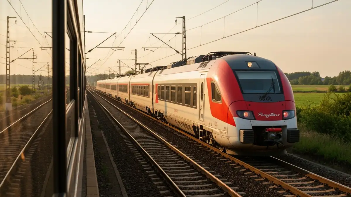 Nowoczesny pociąg Pendolino PKP Intercity na torach w Polsce, wizerunek z perspektywy pasażera patrzącego z okna