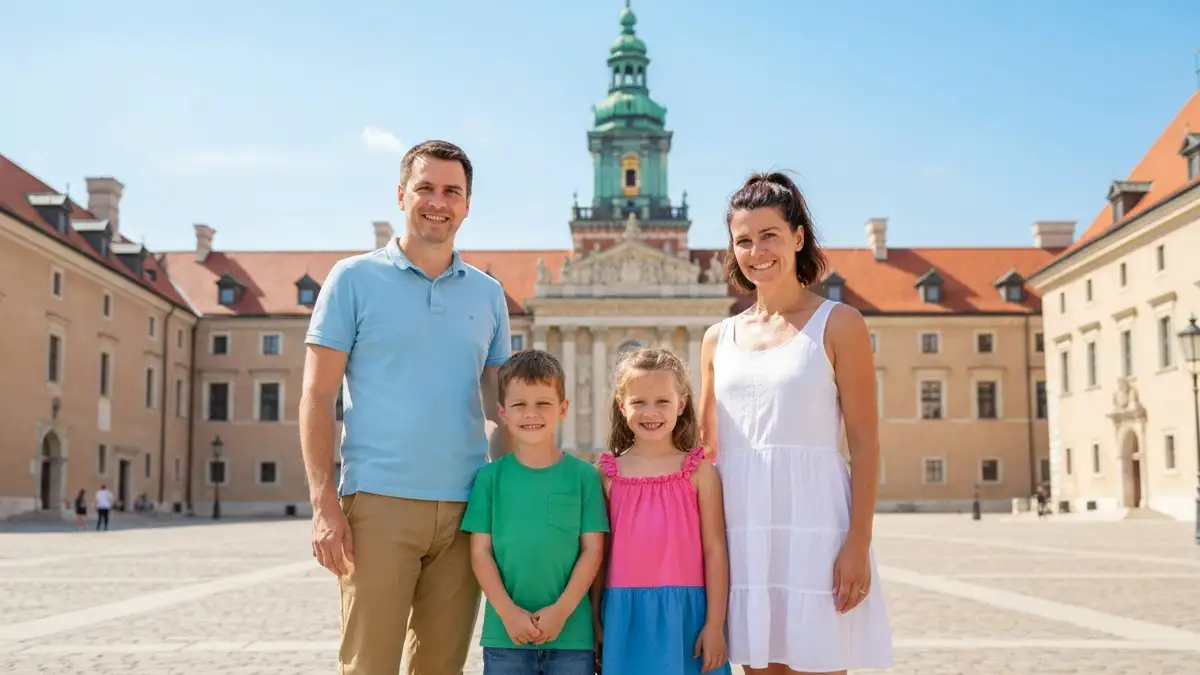 Rodzina z dwójką małych dzieci na tle zamku w Warszawie, wszyscy się uśmiechają, słoneczny dzień