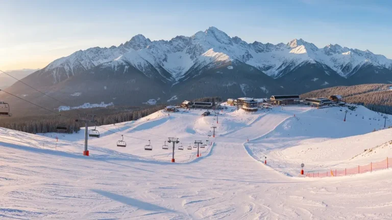 Tatry zimą z zaśnieżonymi stoksami narciarskimi i panoramą gór na tle