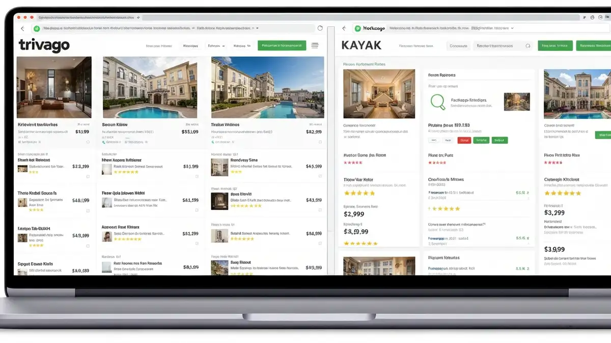 Porównanie interfejsów porównywark hoteli Trivago, Kayak i HotelsCombined na ekranie laptopa