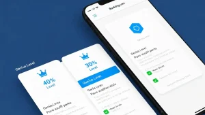 Ekran telefonu pokazujący trzy poziomy programu Genius na Booking.com z ikonami, rabatami i wymaganiami dla każdego poziomu