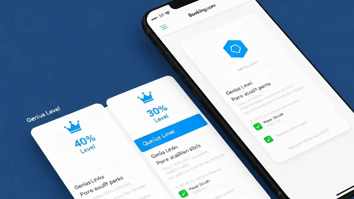 Ekran telefonu pokazujący trzy poziomy programu Genius na Booking.com z ikonami, rabatami i wymaganiami dla każdego poziomu