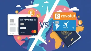 Porównanie kart Revolut i Wise dla podróżnika - logotypy i karty