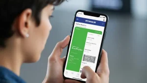Ekran smartfona pokazujący aplikację Ryanair z procesem check-inu online i zieloną kartą pokładową