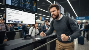Pasażer czekający na lotnisku z informacją o odwołanym locie Ryanair na tablicy informacyjnej