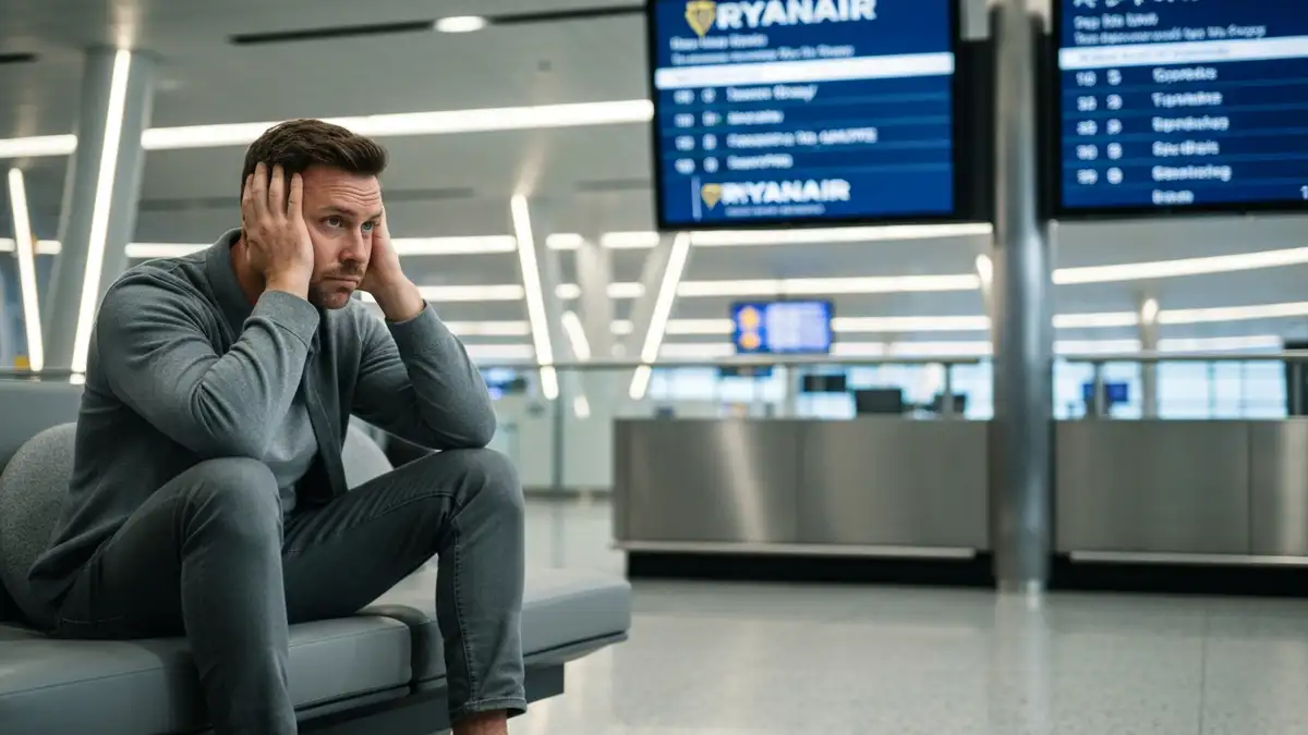 Pasażer czeka na lotnisku z opóźnionym lotem Ryanair na tablicy informacyjnej