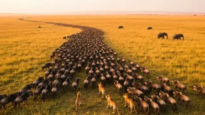 Wielkie stado żubra podczas migracji w Masai Mara, Kenia, z lwami i słoniami widocznymi na horyzoncie