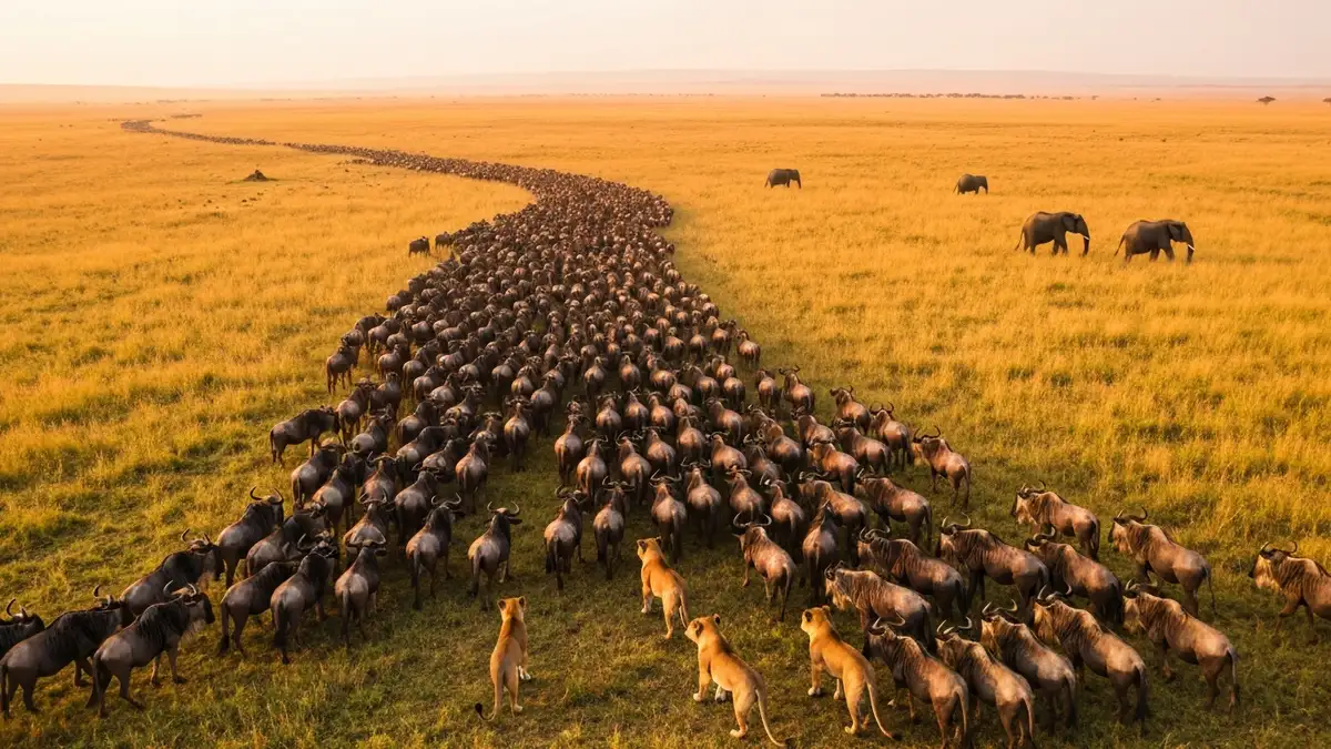 Wielkie stado żubra podczas migracji w Masai Mara, Kenia, z lwami i słoniami widocznymi na horyzoncie