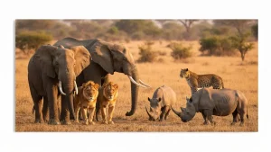 Pięć wielkich zwierząt na safari w Parku Krugera - lwy, słonie, leopardy, nosorożce czarne i białe w naturalnym siedlisku