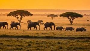 Safari w Tanzanii - nosorożce i słonie na tle Serengeti z zachodem słońca