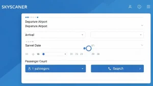 Ekran wyszukiwarki Skyscanner z formularzem wyszukiwania lotu