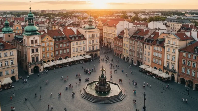 Rynek Staromiejski w Warszawie z kolorowymi kamienicami i turystami