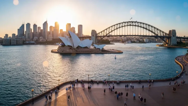 Widok na Opera House i Harbour Bridge w Sydney o zachodzie słońca z błękitnym morzem