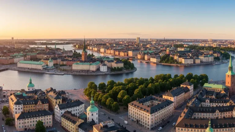 Panoramiczny widok na Sztokholm z wieży Katariny - Gamla Stan, muzeum Vasa i wyspa Djurgården w tle o zachodzie słońca
