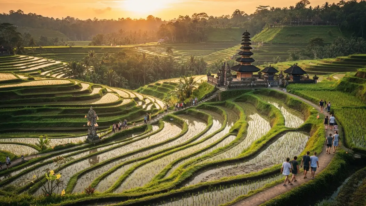 Piękny widok na tarasy ryżowe i świątynię w Ubud, Bali, podczas zachodu słońca