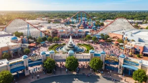 Universal Studios Orlando z trzema parkami tematycznymi i fontanną — przewodnik 2026