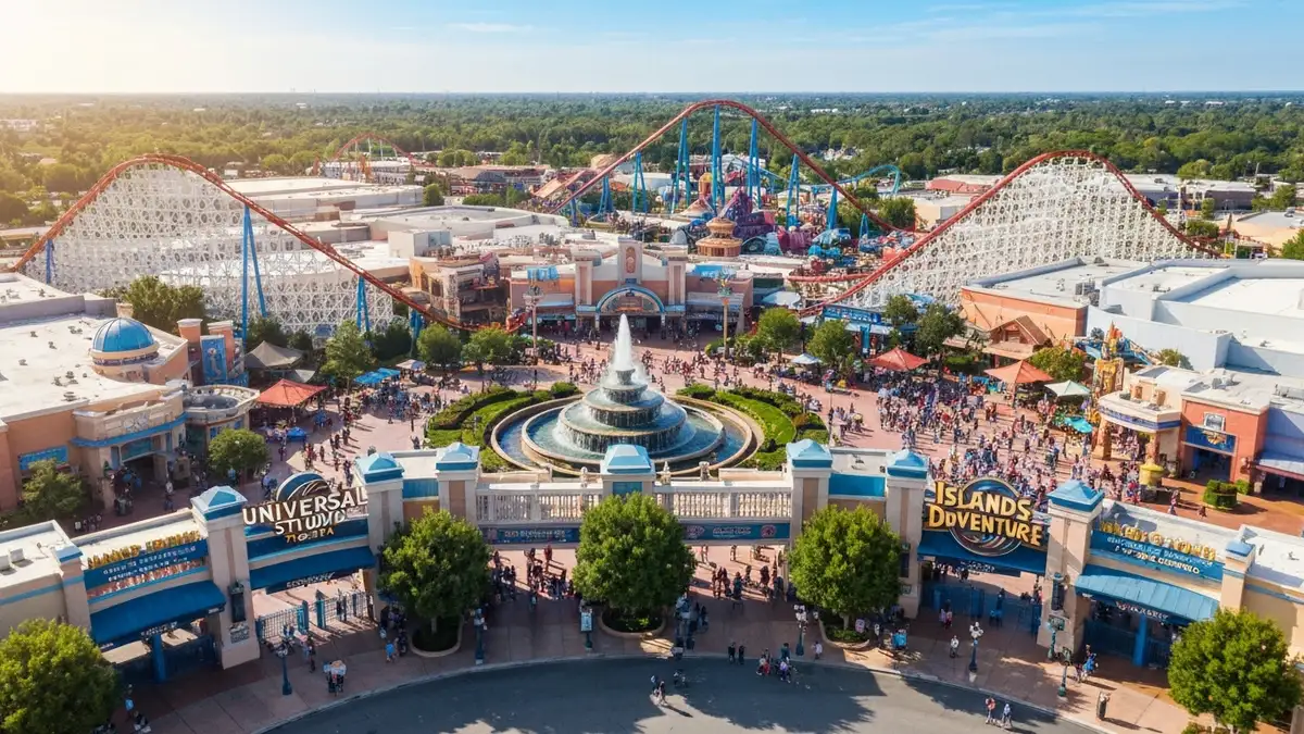 Universal Studios Orlando z trzema parkami tematycznymi i fontanną — przewodnik 2026