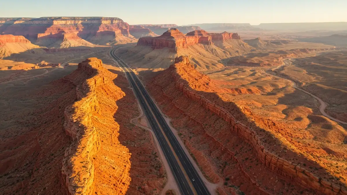 USA Zachodnie - droga przez pustynię z widokiem na Grand Canyon i rozciągnięty horyzont