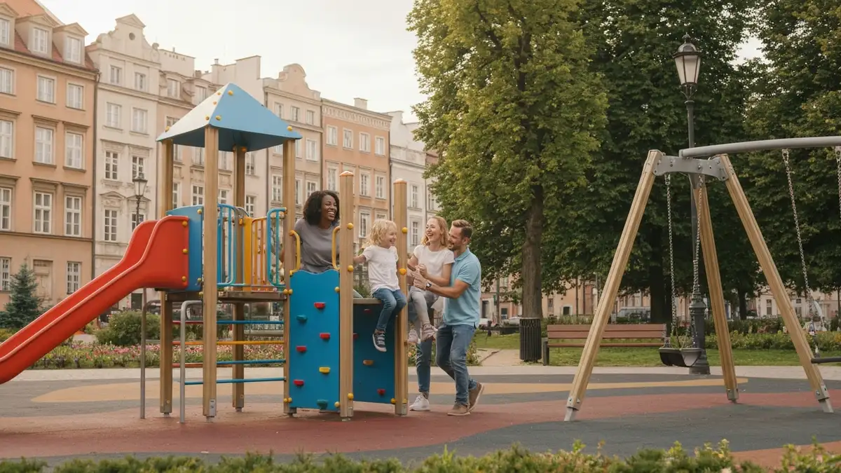 Rodzina z dziećmi na placu zabaw w Warszawie, drzewa, słoneczny dzień