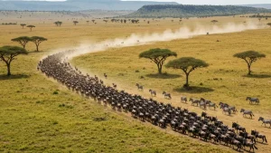 Wielka migracja gnu i zebr w Serengeti - tysiące zwierząt przechodzą przez afrykańską sawannę