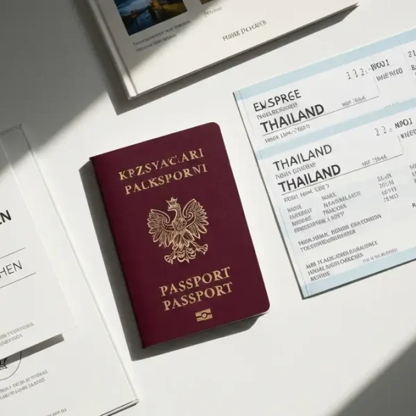 Paszport Polski z biletami lotniczymi na stole, przygotowanie do podróży do Tajlandii