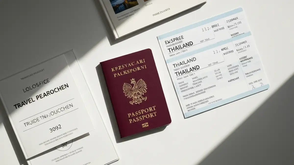 Paszport Polski z biletami lotniczymi na stole, przygotowanie do podróży do Tajlandii