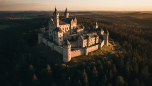 Widok na malowniczy zamek w Polsce na szczycie wzgórza, otoczony zielenią lasów, z charakterystyczną architekturą średniowieczną