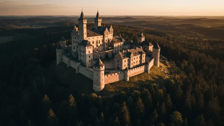 Widok na malowniczy zamek w Polsce na szczycie wzgórza, otoczony zielenią lasów, z charakterystyczną architekturą średniowieczną