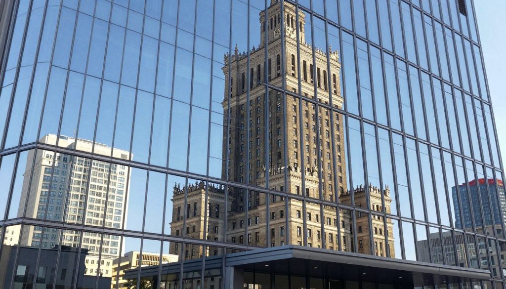 Elewacja szklana hotelu Marriott Warszawa odbijająca panoramę miasta