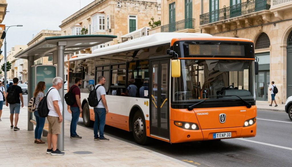 Maltański autobus publiczny na przystanku w Vallettcie Maltański autobus publiczny na przystanku w Vallettcie