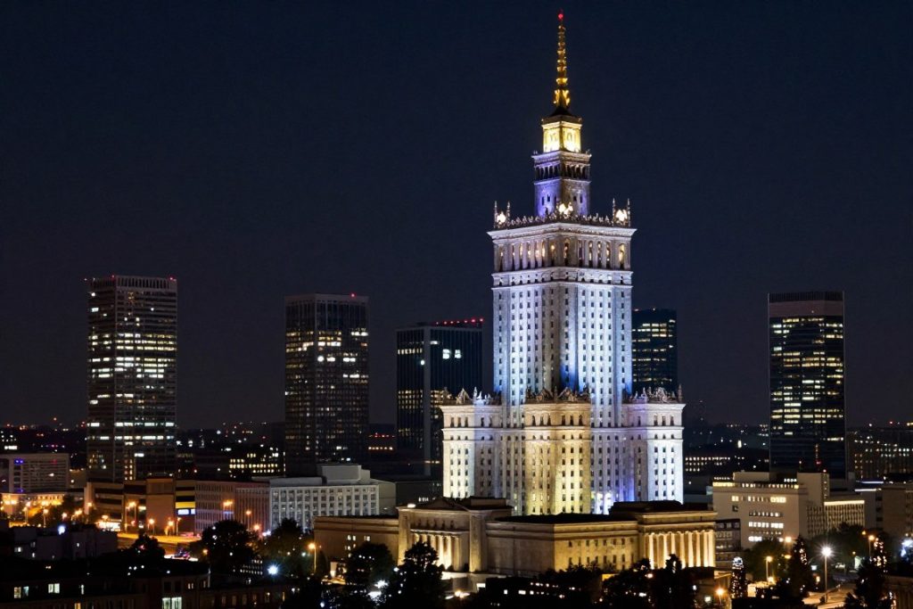 Nocny widok na iluminowany hotel Marriott w Warszawie
