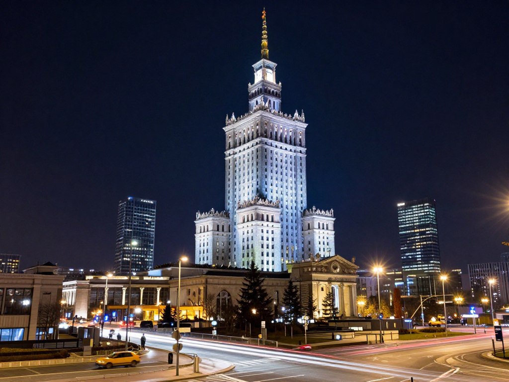 Nocny widok na iluminowany hotel Marriott w centrum Warszawy przy Dworcu Centralnym