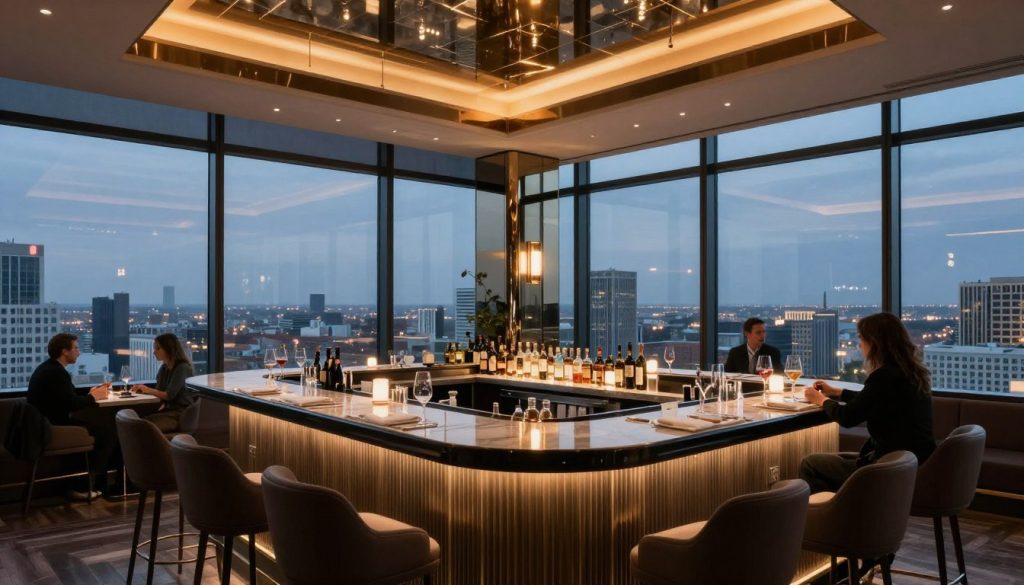 Panorama Sky Bar na 40 piętrze hotelu Marriott Warszawa z widokiem na miasto