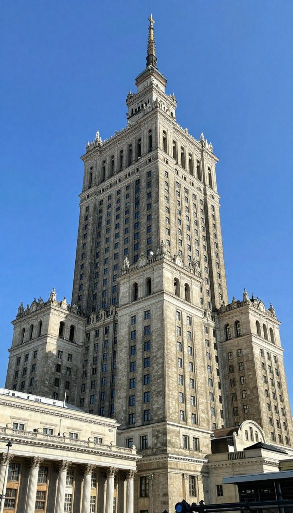 Pełny widok pionowy na budynek Marriott Warszawa ukazujący jego wysokość