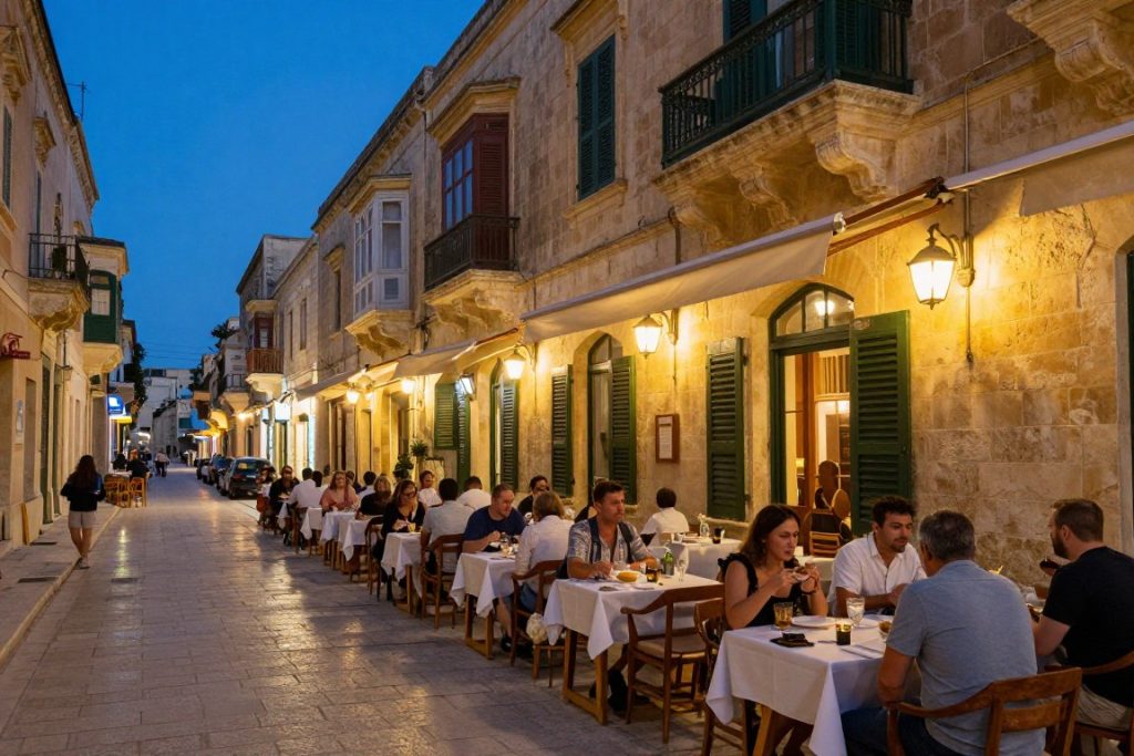Stoliki restauracji na ulicy w Vallettcie wieczorem Stoliki restauracji na ulicy w Vallettcie wieczorem
