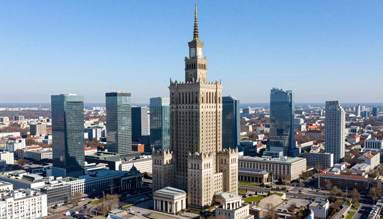 Widok na Warsaw Presidential Hotel w centrum Warszawy z charakterystyczną wieżą