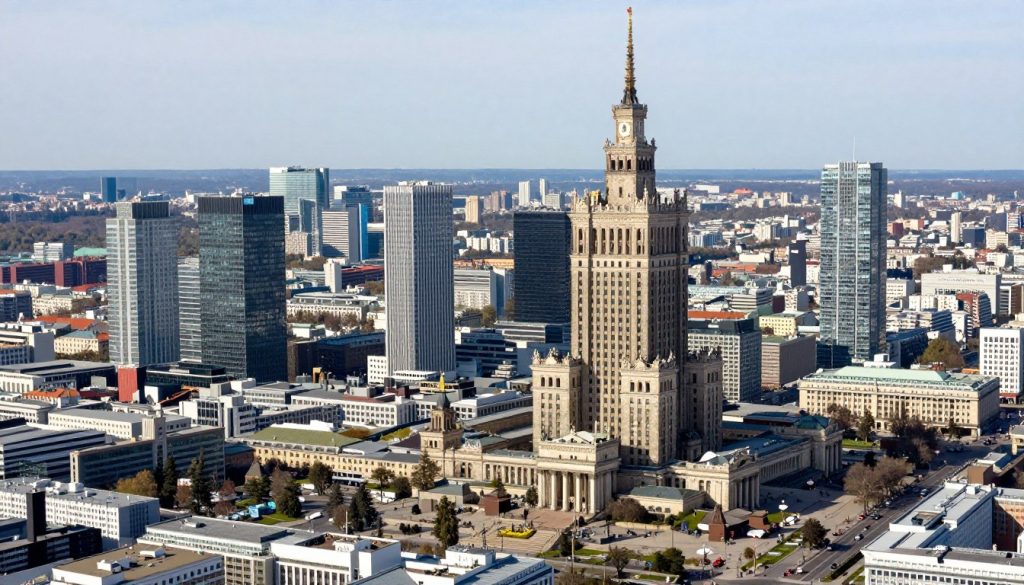 Widok na hotel Marriott w kontekście panoramy Warszawy z Pałacem Kultury
