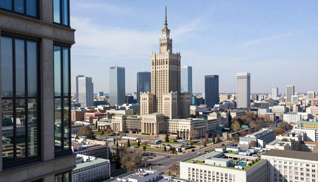 Widok z hotelu Marriott Warszawa pokazujący panoramę miasta z wysokości