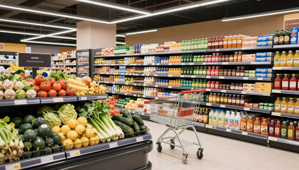 Wnętrze maltańskiego supermarketu z półkami pełnymi produktów Wnętrze maltańskiego supermarketu z półkami pełnymi produktów
