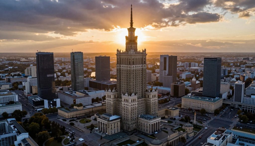 Zach&oacute;d słońca nad hotelem Marriott w Warszawie widziany z lotu ptaka