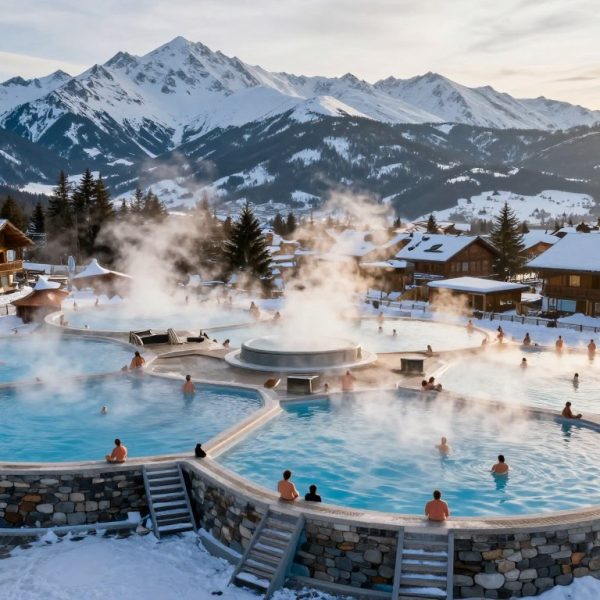 termy zakopane widok z góry na baseny termalne z panoramą Tatr
