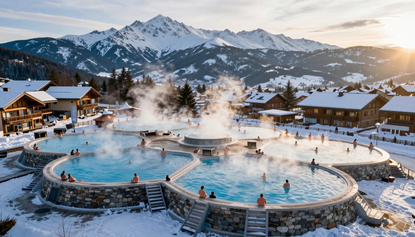 termy zakopane widok z góry na baseny termalne z panoramą Tatr
